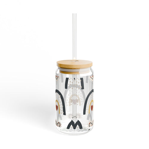 16oz Rainbow Heart Sipper Glass with Bamboo Lid & Straw – Boho Drink Tumbler